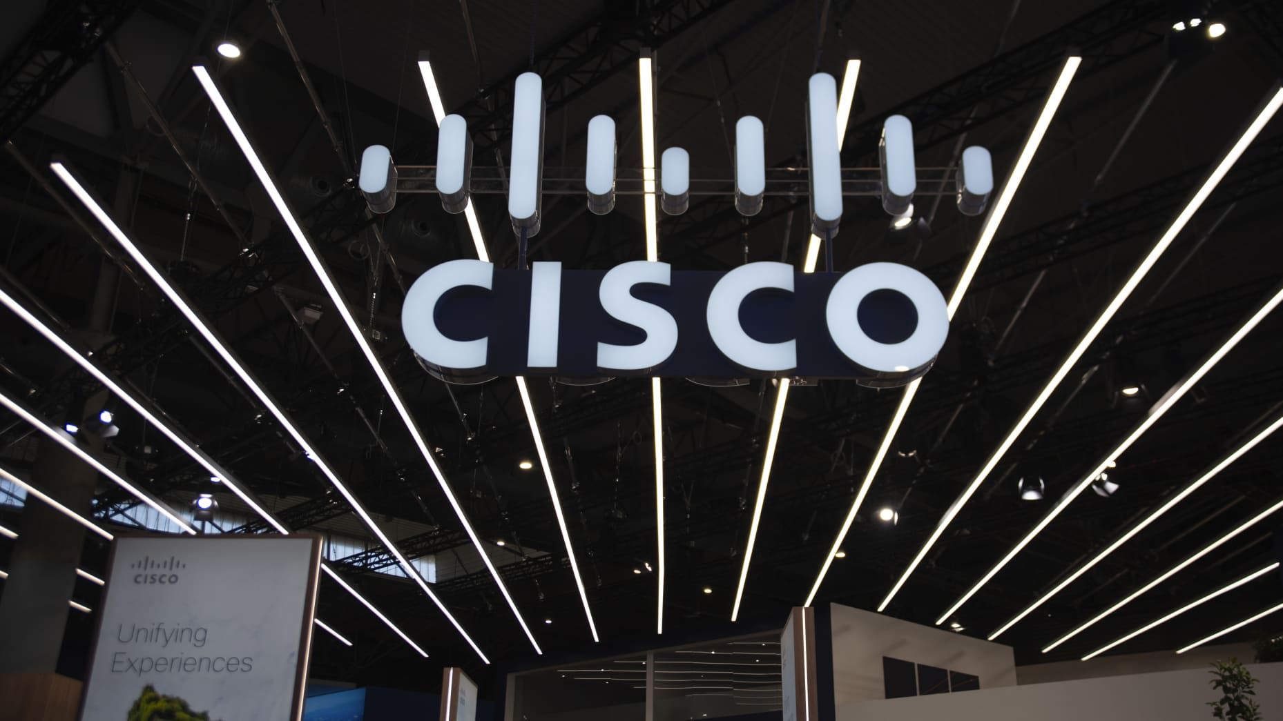 The Cisco logo is on display at the Mobile World Congress in Barcelona, Spain, on February 26, 2024. 